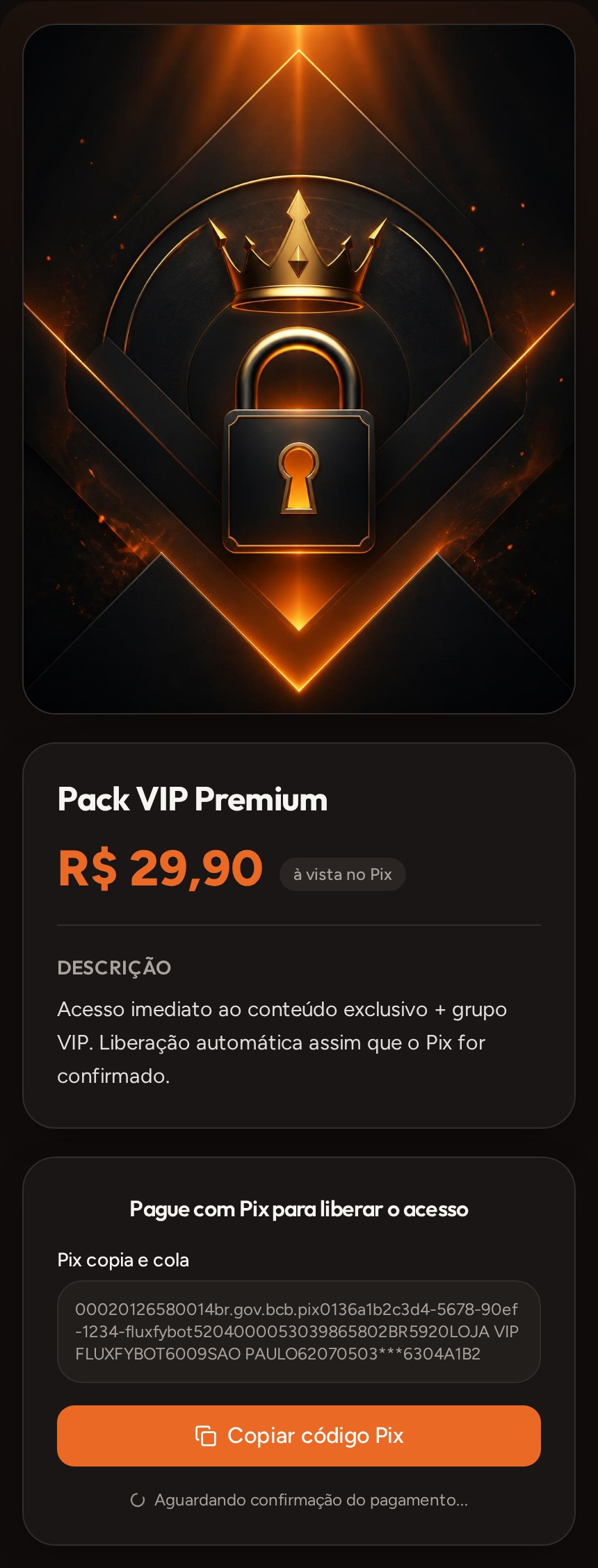Checkout com Pix copia e cola criado no FluxfyBot